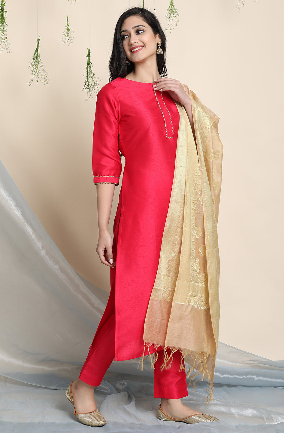 Buy JANASYA Gold Janasya Women's Gold Poly Silk Solid Kurta with Pant and  Dupatta | Shoppers Stop